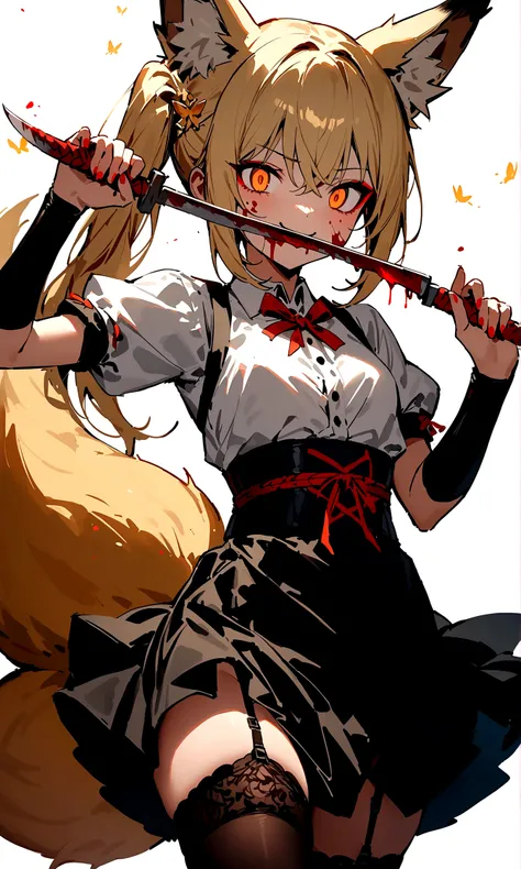 (masterpiece, best quality) junior,1girl,detailed, (beautiful,small breasts), blonde,long hair, side ponytail(tied to the left),Hairpin decoration with gold butterfly, elegant, (fox ears),nine tailed fox tail, red eyeshadow, golden eyes, femur，dark night s...