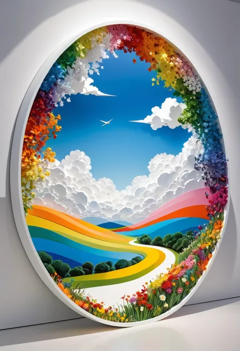 art in art, conceptual installation pop art, best quality, super fine, 16k, 2.5D, delicate and dynamic depiction, when I cut the white image with scissors, beautiful heavenly landscape unfolds before me, overflowing with beautiful colors, air and light