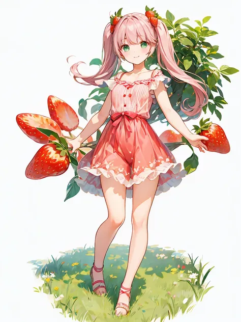 Full body ,Standing position,(realistic:1.37)、Octane rendering、morning park、Strawberry set、The girl has a twin tail hairstyle and a smile.、Strawberries fall from the sky、bright colors、soft sunlight、beautiful flowers、green grass、Fun atmosphere、Quiet environ...