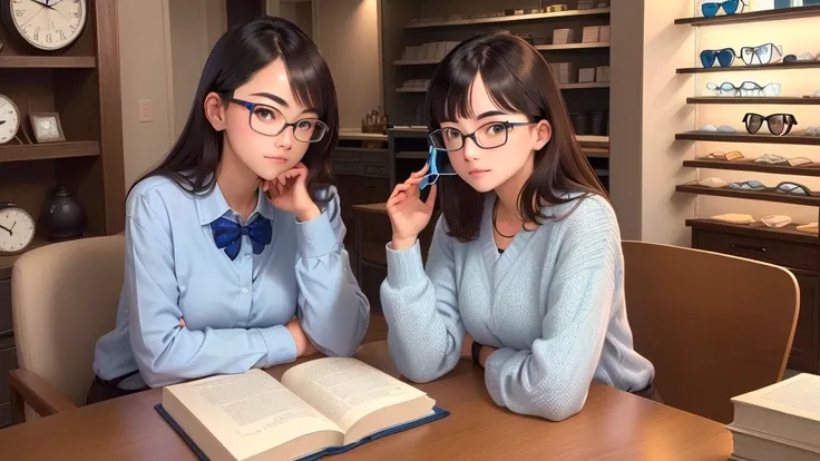 there is a pair of glasses sitting on a table in a store, blue rimmed glasses, glasses without frames, glasses frames, eye glasses, spectacles, wearing square glasses, large glasses, small square glasses, small glasses, reading glasses, professional closeu...