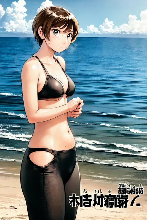 、(masterpiece、Highest quality)、Highest quality, Ultra-high resolution, (((masterpiece))), alone, Sweat、Big eyes, Composition from the front、Shortcuts、Embarrassed face、Bronze colored hair、Cut your hair short、Ocean、beach、Black Micro Bikini、belly button、short...