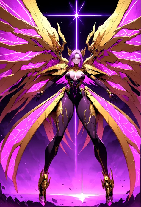 cyberpunk angel, gold ornaments, full body, gigantic wings, powerfull, intimidating, beautiful face, purple neon deatails, is the god of dimensions