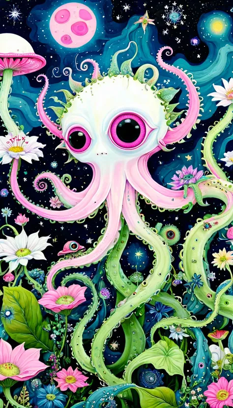 &quot;Dick Ellescas Artist Style&quot; Gremlins，plant，flower，Tentacles，Eye、Starry Sky，Stitching together an abstract painting，Describing the inner world of autistic people，Sense of space，White Space，interesting，Innocence，Psychedelic Art，Pink theme