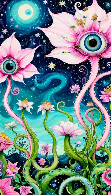 &quot;Dick Ellescas Artist Style&quot; Gremlins，plant，flower，Tentacles，Eye、Starry Sky，Stitching together an abstract painting，Describing the inner world of autistic people，Sense of space，White Space，interesting，Innocence，Psychedelic Art，Pink theme