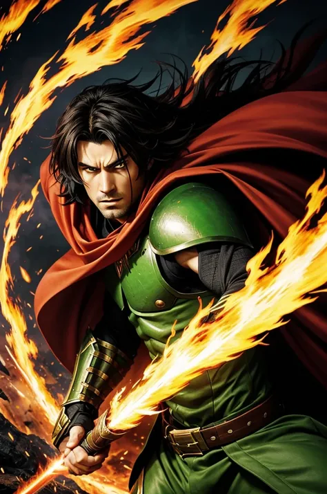 The image shows an anime-style character with dark hair and green eyes, projecting a serious and determined expression. He wears heavy armor with red and gold accents, suggesting that he is a warrior, and wears a green cape that flows behind him. The chara...