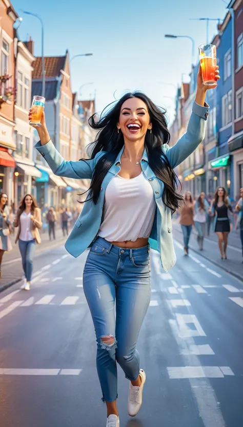 Adult women 35 years old with STRAIGHT and LONG BLACK HAIR, dutch, dressed in clothes, In an urban landscape and holographic signs、DANCING HAPPY. HANDS RAISED on the road. are drinking and laughing, The background is modern, high tech vibe. Lovely Digital ...