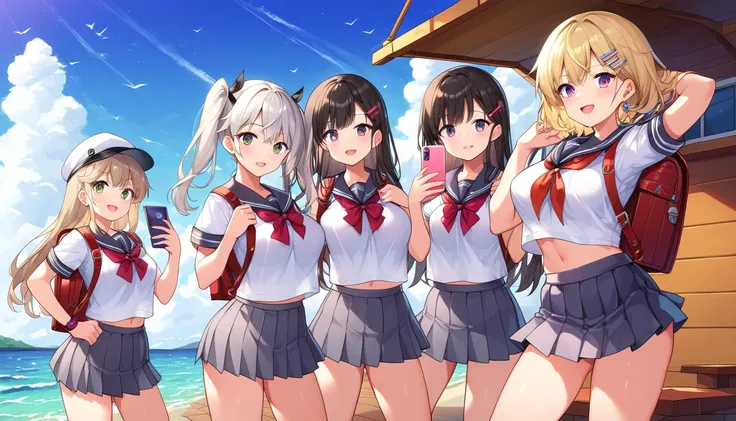 ((3girls:1.3)), ((posing:1.3)), ((phone:1.3)), ((school uniform:1.3)), ((ship cabin:1.3)), ((battleship:1.3)), ((ocean:1.3)), ((control panel:1.3)), ((backpack:1.3)), ((moe style:1.3)), ((standing:1.3)), ((perfect face)), ((extremely cute:1.3)), ((masterpi...