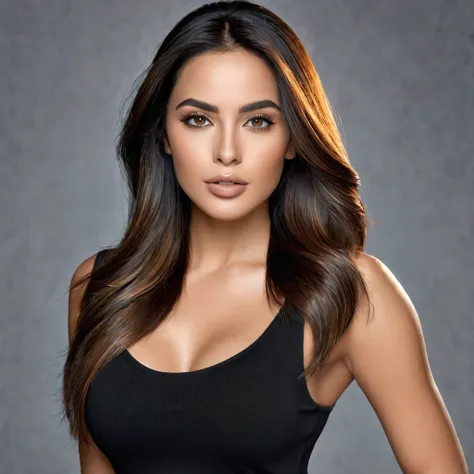 A photoreal portrait of a stunning 28-year-old Latina model showcases her oval face, straight black hair, and striking grey eyes. Her beautiful lips accentuate her wheatish skin with light brown tone highlights. Dressed in a chic black top, the image shoul...