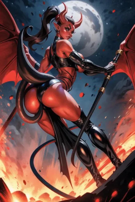 back view, looking over her shoulder, Red skin succubus tiefling, medium breasts, bubble butt, big butt, black horns, wings, huge tail, black leather, crop top, long flowing pelvic curtain, tall, athletic, graceful, thin, long black ponytail. Action scene,...