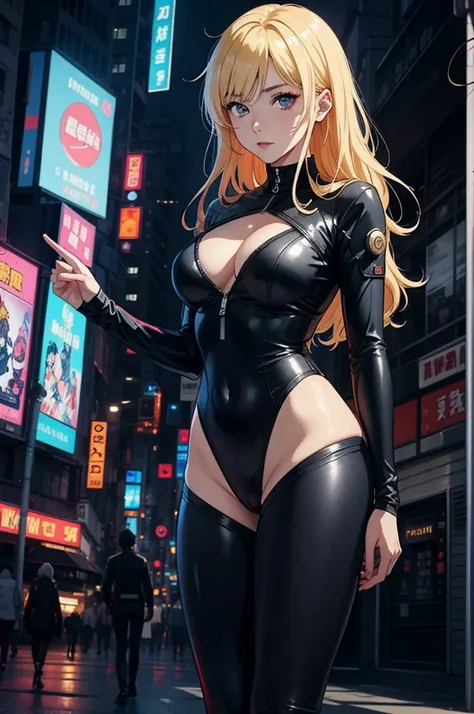 
best quality, anime girl in a black bodysuit stands on a city street, seductive anime girl, cyberpunk , Anime style 4k, cyberpunk digital anime art, blonde anime girl with long hair, cyberpunk anime girl, Anime style. 8k, modern cyberpunk anime, best anim...