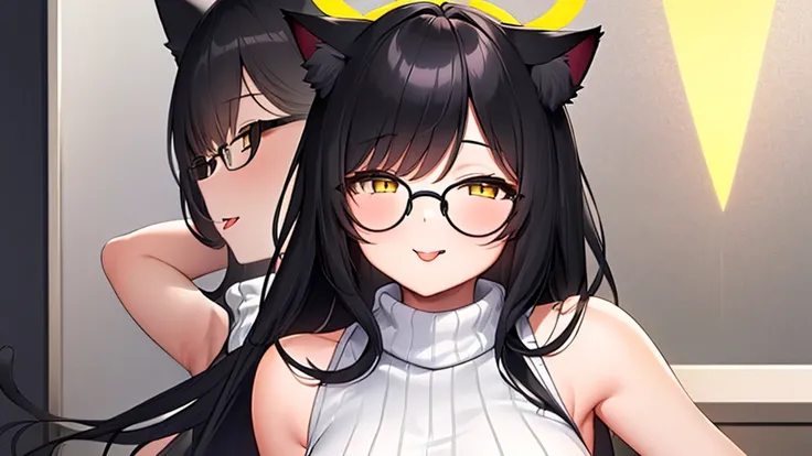 2 women (A 20-year-old female angel with long, white hair, yellow eyes, cat ears, and a glowing yellow halo ring above her head. Wear round glasses (White halter turtleneck sweater, white purekiller sweater, sleeveless, sexy backless sweater, white dress))...