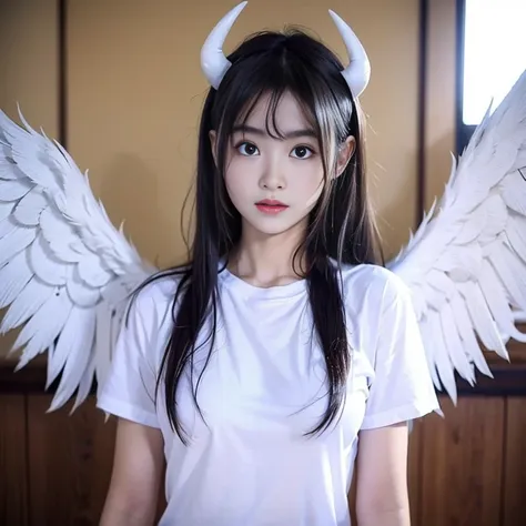 1 girl, white t shirt, wings, black wings, angel, halo, demon horns