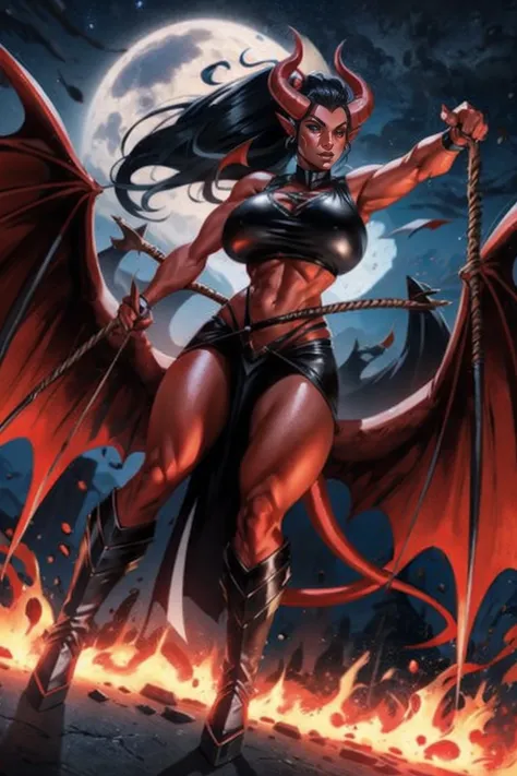 Red skin succubus tiefling, medium breasts, big thighs, black horns, wings, huge tail, black leather, crop top, long flowing pelvic curtain, tall, toned, graceful, thin, long black ponytail. Action scene, whip. Dark scene, explosions, night sky.