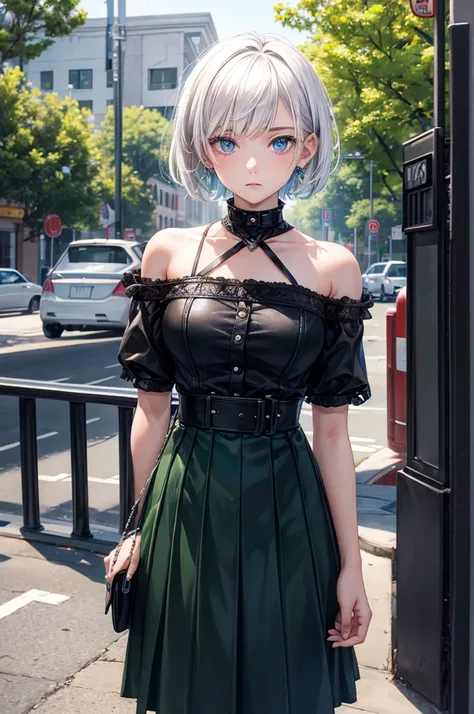 17 year old woman, adolescent, short white hair and blue eyes, wearing black and green clothes