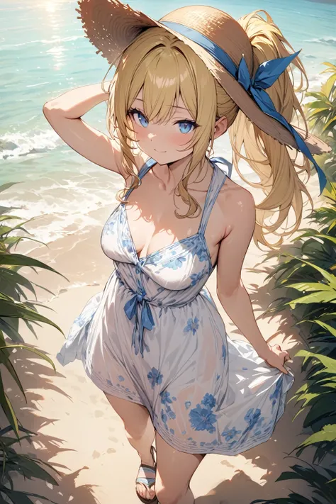 solo, cute girl, masterpiece, best quality, ultra detailed, summer dress, floral pattern, sun hat, sandals,
blonde hair, blue eyes, light smile, ponytail,
