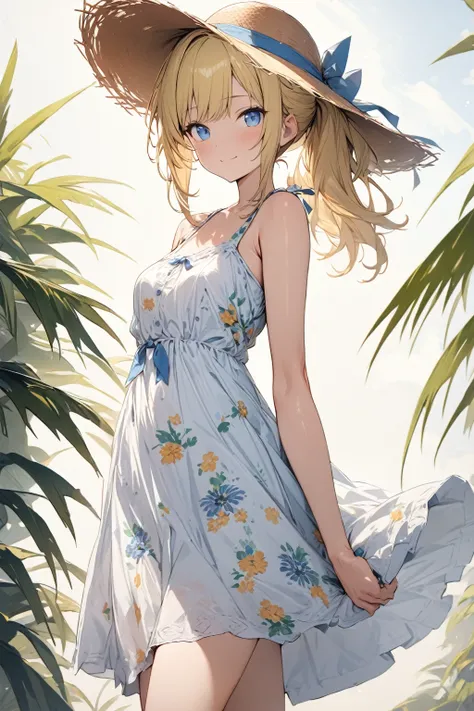 solo, cute girl, masterpiece, best quality, ultra detailed, summer dress, floral pattern, sun hat, sandals,
blonde hair, blue eyes, light smile, ponytail,
