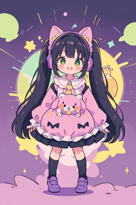 girl, alone, Black Hair,Twin tails,smile,Gothic Lolita,  sleeve, socks, Light pastel colors, (purple, green, pink, yellow), comfortable, dream-like, performer, Stickers, bubble, Sparkling, shine, stuffed toy, Headphones