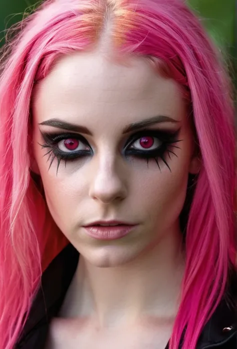 Very attractive 25 year old with long bright pink hair, analog photo, (Best quality:1.4), (ultra detailed:1.4), Full length photo of a pale woman, Intense red eyes, elf ranger, black suit with spikes, demonic, From, living dead, Cute sexy, (detailed face, ...