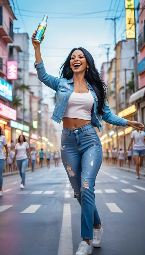 Adult women 35 years old with STRAIGHT and LONG BLACK HAIR, Brazilian, dressed in clothes, In an urban landscape and holographic signs、DANCING HAPPY. HANDS RAISED on the road. are drinking and laughing, The background is modern, high tech vibe. Lovely Digi...