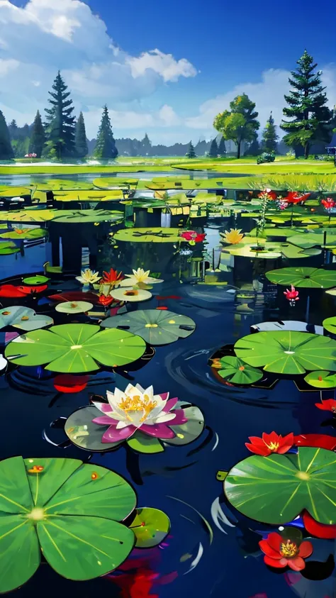 (masterpiece:1.2), best quality,fantasy,
landscape, Overlooking, water, unmanned, flower, lily pad, outdoor, fish