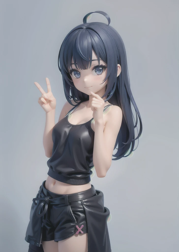 1girl, cute, bangs, blue_hair, blush, hair_between_eyes, peace_signs, long_hair, tank_top, jacket_around_waist, simple_background, smile, solo, spoken_squiggle, squiggle, upper_body, whitebackground