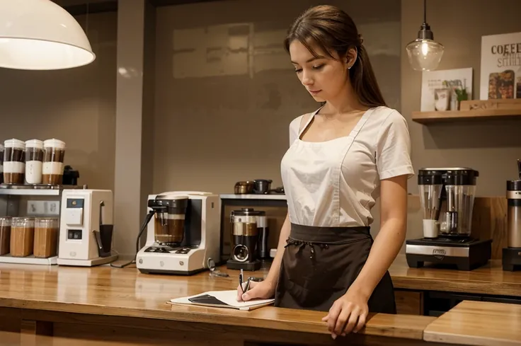 A drone view of a woman taking an order from clients over the phone in a coffee shop. The photo is taken from a high angle, showing the top of her head and her hands as she writes on a notepad with a phone held to her ear, without showing her face. The wom...