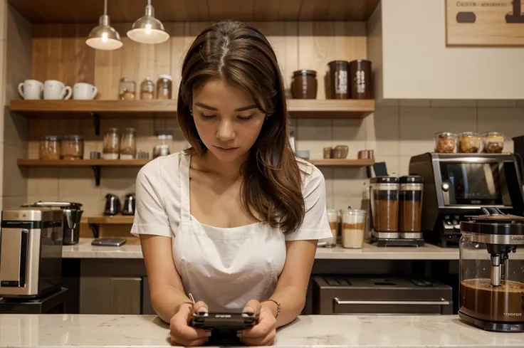 A drone view of a woman taking an order from clients over the phone in a coffee shop. The photo is taken from a high angle, showing the top of her head and her hands as she writes on a notepad with a phone held to her ear, without showing her face. The wom...