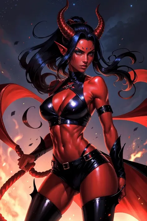 Red skin succubus tiefling, large breasts, black horns, wings, huge tail, black leather, crop top, long flowing pelvic curtain, tall, toned, graceful, thin, long black ponytail. Action scene, whip. Dark scene, explosions, night sky.