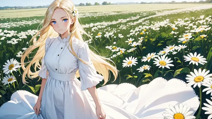 1 girl,in a field of flowers,White flower,Looking at the viewer,Blue eyes,blonde hair,daisy,long hair,pure white dress,