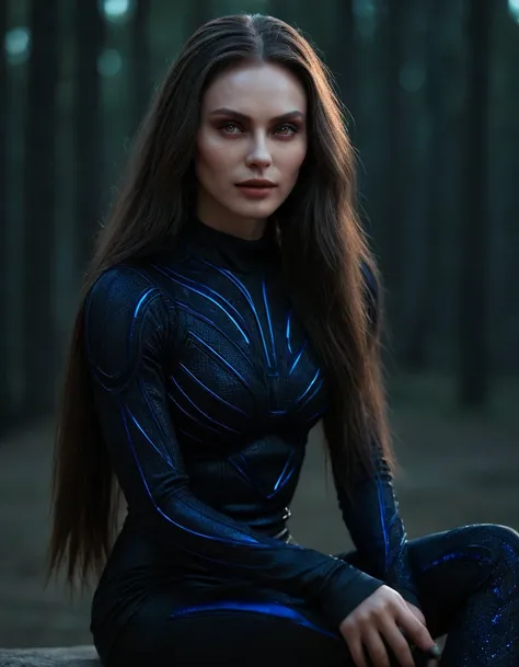 Fashionable of androgynous alien looking witch, glowing eyes, beautiful evil slavic muscular woman, pale skin, long hair, futuristic design, minimal details, givenchy, photoreal, 200mm, hd, f/ 2.0, highly detailed, surreal, sitting, light smile, simple bla...