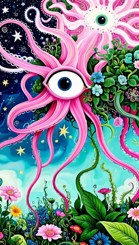 &quot;Dick Ellescas Artist Style&quot;,house，plant，flower，Tentacles，Eye、Starry Sky，Stitching together an abstract painting，Describing the inner world of autistic people，Sense of space，White Space，interesting，Innocence，Psychedelic Art，Pink theme