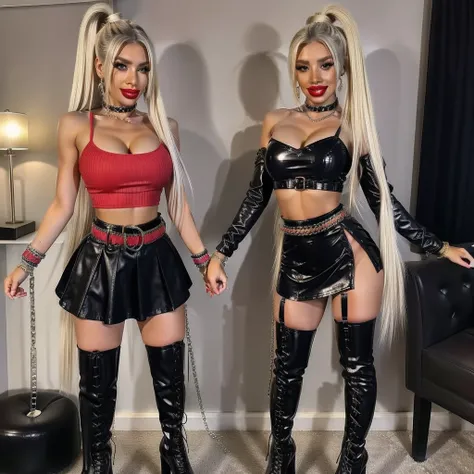 2 girl,  An american woman、top white ponytails hair、、 Knee-high boots with a high platform,gem on the neck, huge bracelets, a lot of bracelets, Stockings, crop top, hot dress, big wide belt, leg belts, chains ,multicolored clothes, wide smile, red lips