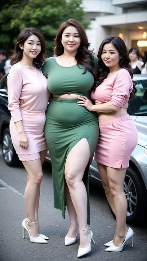 Quadruplets，Smiling fat woman  ((best quality)), ((masterpiece)), (detailed), Perfect face, Wearing a green loose sweatshirt and short skirt, The other was wearing a red loose plaid shirt and jeans, Thin waist and thick hips,  Soft curves, hyperPractical f...