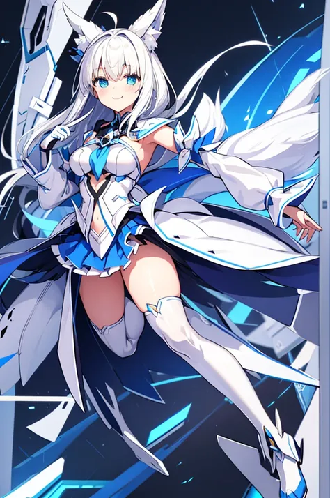 Mecha Wings、White and blue skirt、Accentuated thighs、White tights、chest、Beautiful white hair、1 girl、solo girl、Thick thighs、is、Frame Arms Girl、Alice Gere Aegis、White Armor、Blue and purple lines、income、headphone、hand on own chest、smile、idol costume