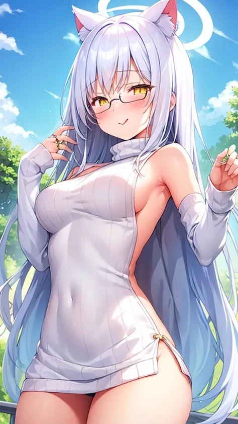 A 20-year-old female angel with long hair, white hair, yellow eyes, cat ears, cat tail, and white angel wings. A glowing yellow halo ring overhead. Wear round glasses (White halter turtleneck sweater, white purekiller sweater, sleeveless, sexy backless swe...