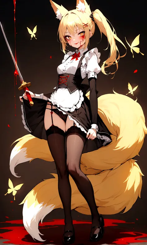 (masterpiece, best quality) junior,1girl,detailed, (beautiful,small breasts), blonde,long hair, side ponytail(tied to the left),Hairpin decoration with gold butterfly, elegant, (fox ears),nine tailed fox tail, red eyeshadow, golden eyes, femur，dark night s...