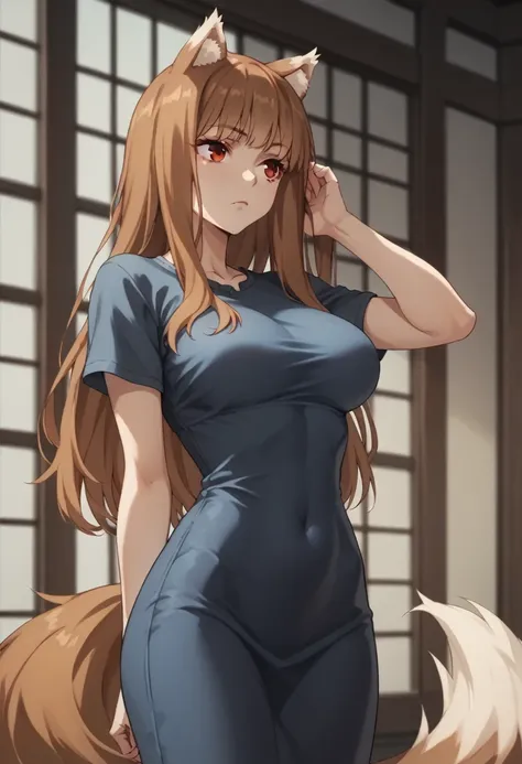 brown hair,long hair,red eyes, wolf girl,wolf ear,wolf tail、large breasts、t-shirts(tight)maxi dress