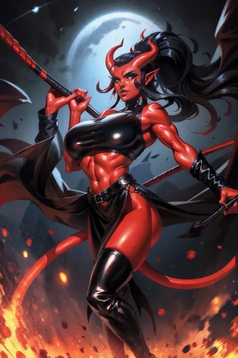 Red skin succubus tiefling, large breasts, black horns, wings, huge tail, black leather, crop top, long flowing pelvic curtain, tall, toned, graceful, thin, long black ponytail. Action scene, whip. Dark scene, explosions, night sky.