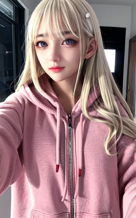 Eyes: Round hazel eyes with dark rims.
Nose: Button nose with a small freckle.
Lips: Thin with a natural coral tint.
Hair: Long, straight platinum blonde hair.
Skin: Fair with a rosy undertone, Fleece-lined hoodie dress