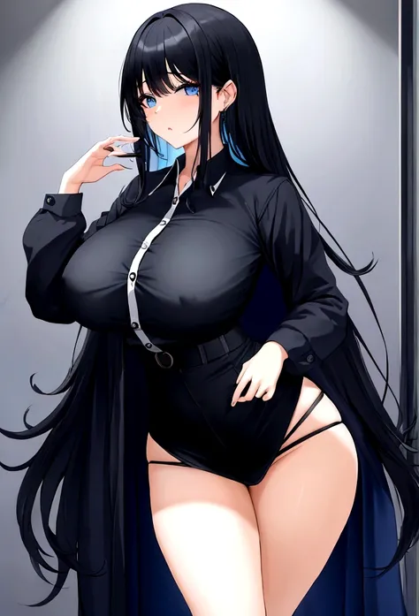 아름다운 female, female, black hair, long hair, comeliness, office look,As big as breasts,blue eyes