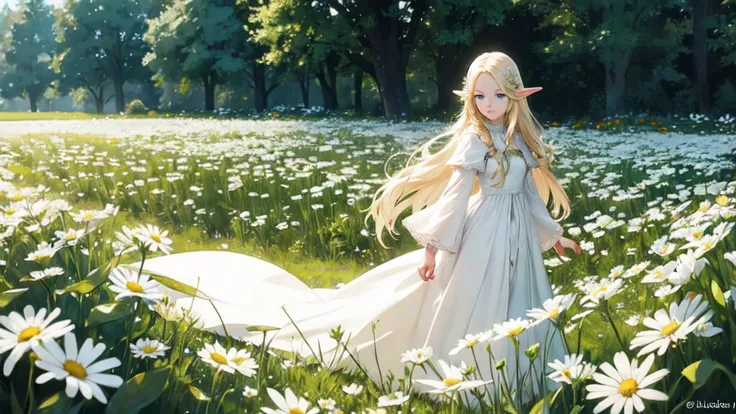 1 elven girl,in a field of flowers,White flower,Looking at the viewer,Blue eyes,blonde hair,daisy,long hair,pure elven medival dress,