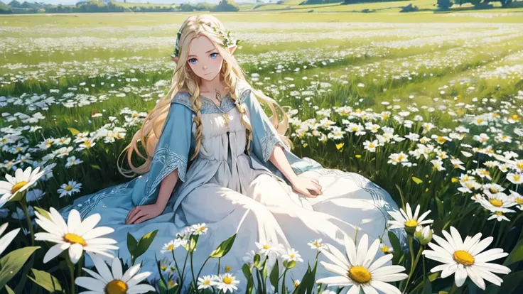 1 elven girl,in a field of flowers,White flower,Looking at the viewer,Blue eyes,blonde hair,daisy,long hair,pure elven medival dress,