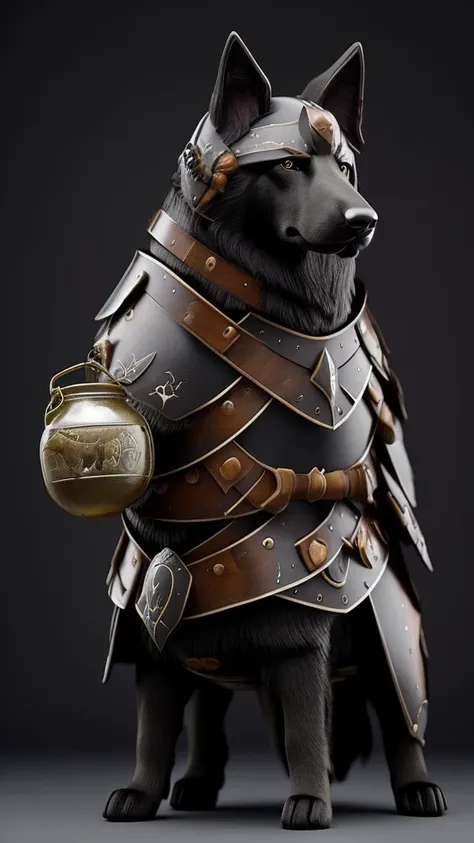 Humanoid German Shepherd Dog, with dark knight armor holding a jar with a soul