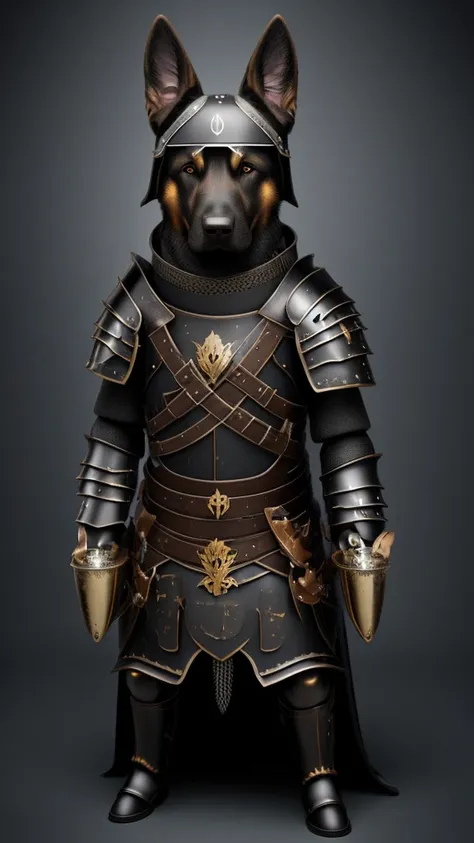 Humanoid German Shepherd Dog, with dark knight armor holding a jar with a soul