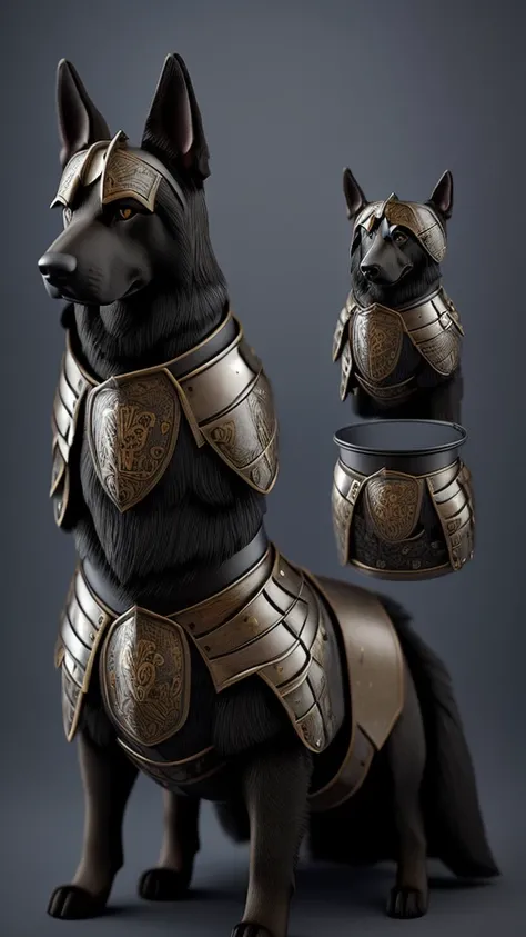 Humanoid German Shepherd Dog, with dark knight armor holding a jar with a soul