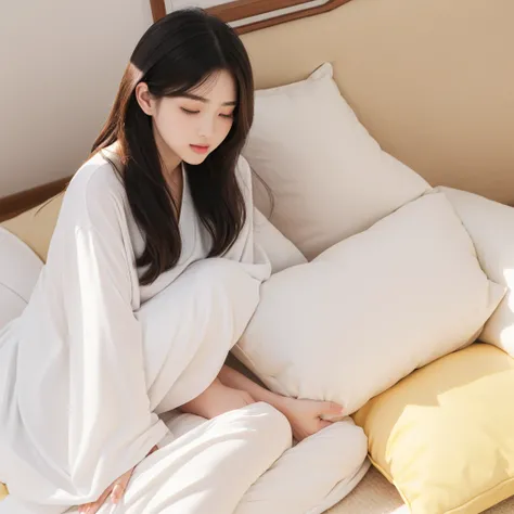 A woman sitting on the floor，Sleeping on a sun-shaped pillow, Ease of use, X, masking, July ban, Home, fashionable, Soft and warm, beast, su fu, 专业艺术Home, gongbi, Nice design, 专Home艺术Home, You were, Lovely design, full - body artwork, Amazing