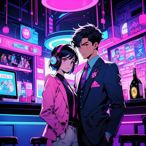 Anime-style digital artwork featuring two characters in a neon-lit room. The layout is centered with the characters in the foreground. The male character has short, dark hair, fair skin, with a stronger jawline, wearing a gaming headphone and a with a blaz...