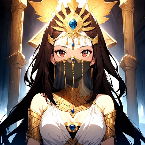 1girl, long hair, dark hair, ancient civilization clothes, white glove, mouth veil, throne background, game cg, warrior queen, 