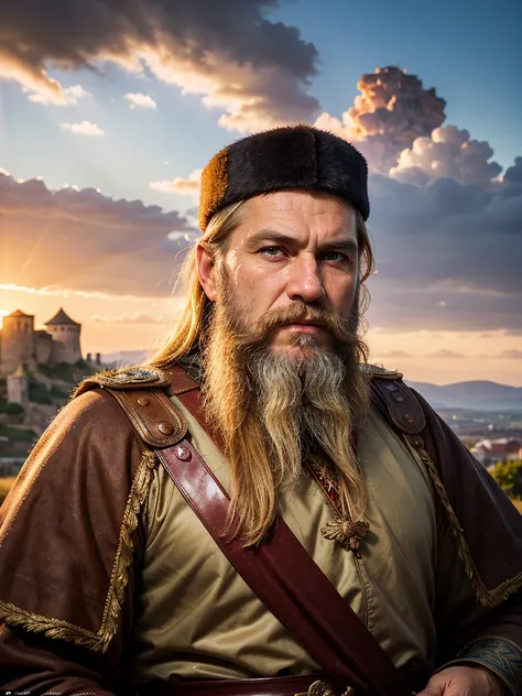 Magnificent portrait, photorealism, Ancient Russian hero, Ilya Muromets, gray beard, long beard, brown eyes, wrinkles on the face, strong face, (national costume of the ancient Russian warrior)), looking at the viewer, (against the background of an ancient...