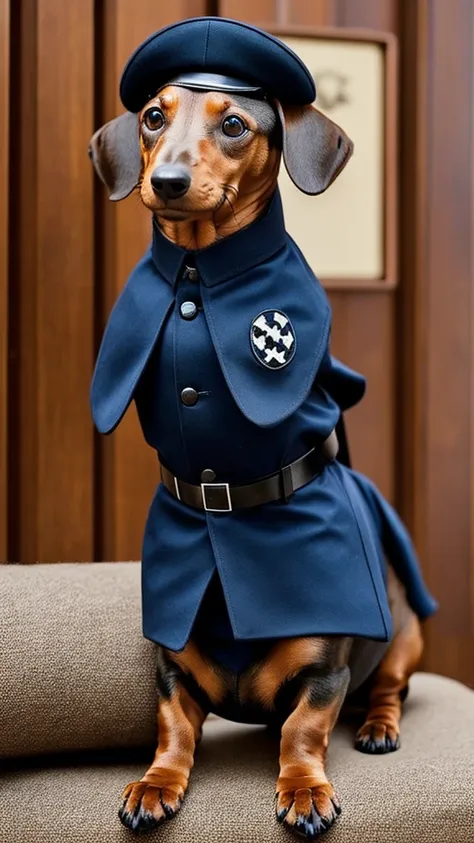 Dachshund in German SS uniform saluting with his paw up